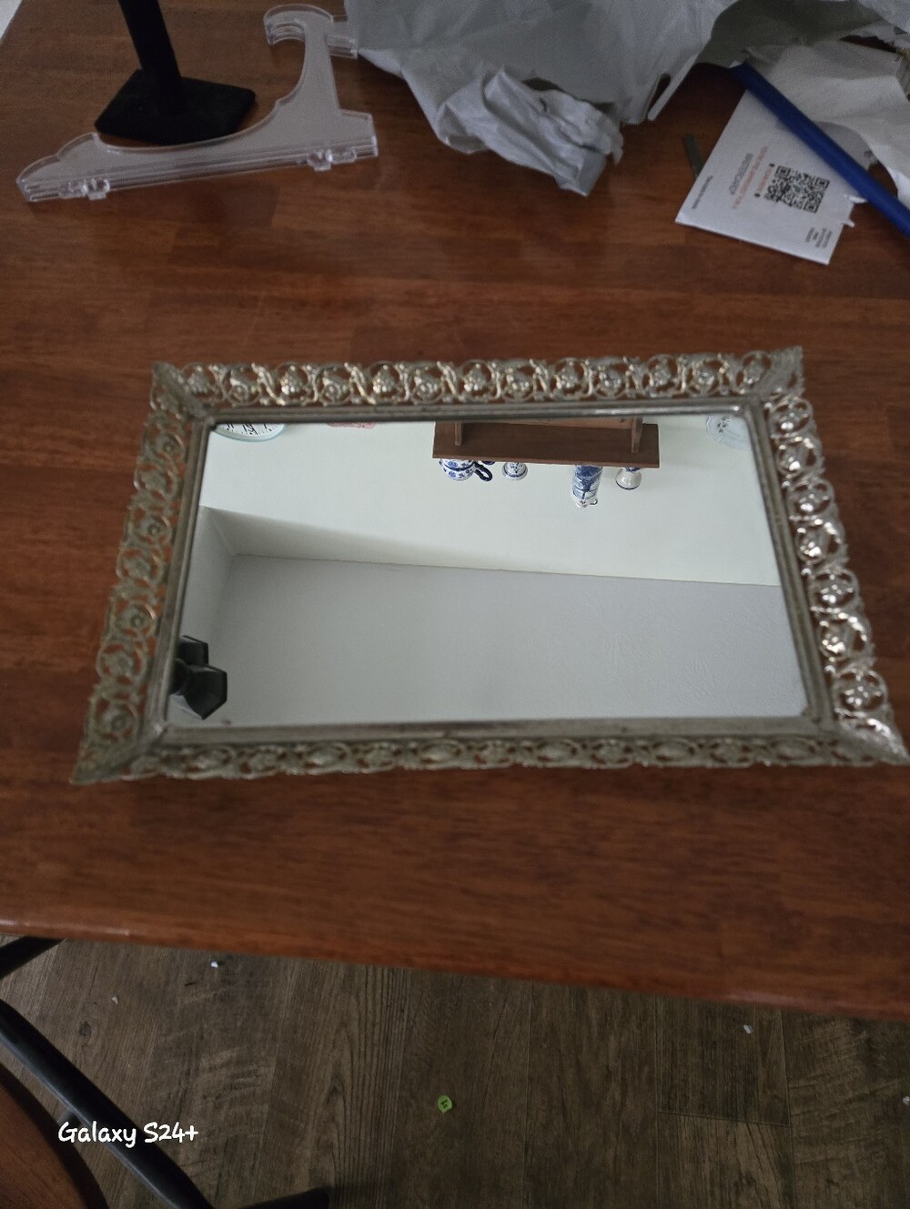 Vintage Mirror Vanity Tray Gold Tone Filigree 15” x 10” Hollywood Regency Style